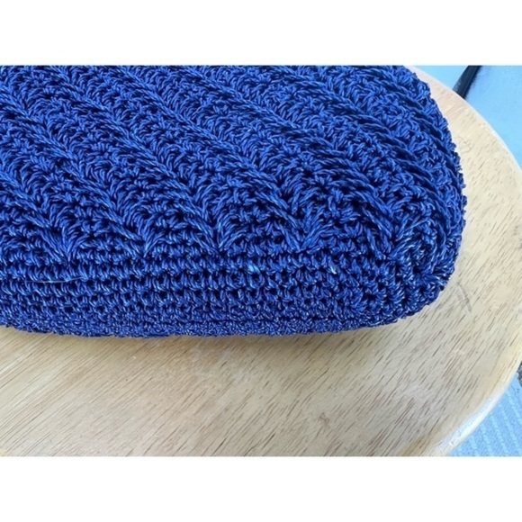 Vintage Japan boHo granny cottage core navy blue woven straw wood handle purse - Picture 9 of 11